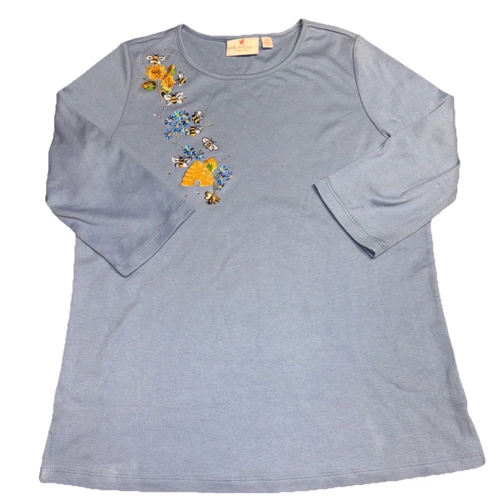 Quaker Factory 3/4‎ SLV Women's MD Blue Honeybee Bee Hive Jewel Embroidered READ